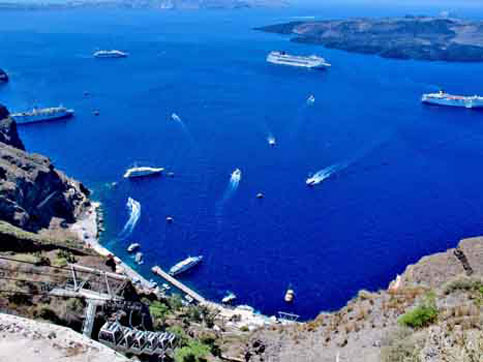 Busy harbor at Santorini, Greek Isles
