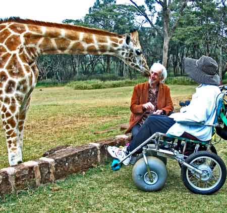 disabled traveler nancy and nate feed giraffe in kenya
